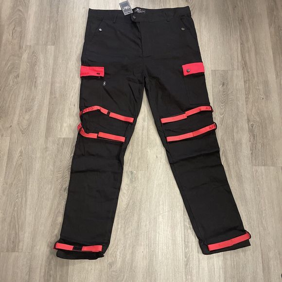 THC MENS RED/BLACK STRAP MENS CHINO PANTS SIZE 2XL NEW - Picture 1 of 4